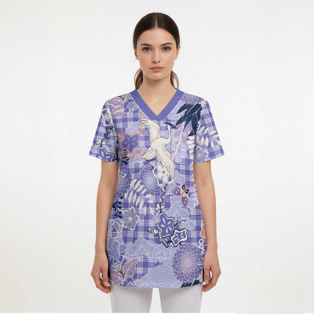 Purple Palaka Crane and Flowers Scrub Top Japan Heritage Spirit - Polynesian Pride