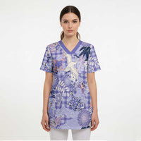 Purple Palaka Crane and Flowers Scrub Top Japan Heritage Spirit - Polynesian Pride
