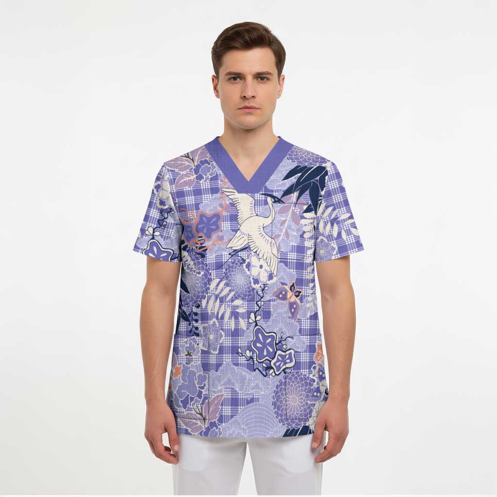 Purple Palaka Crane and Flowers Scrub Top Japan Heritage Spirit - Polynesian Pride