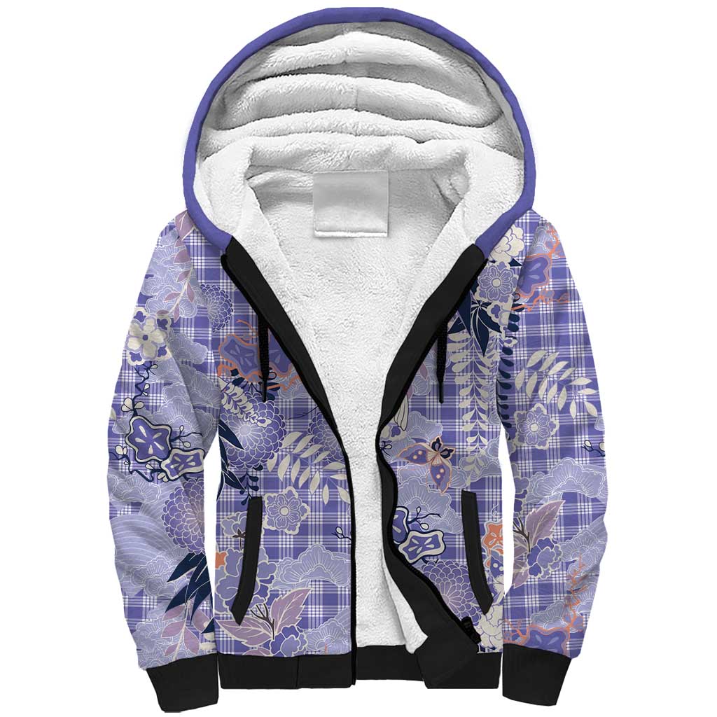 Purple Palaka Crane and Flowers Sherpa Hoodie Japan Heritage Spirit - Polynesian Pride