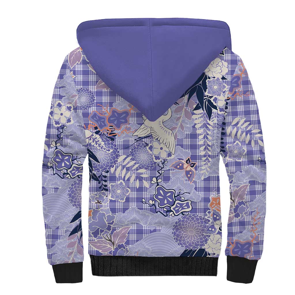 Purple Palaka Crane and Flowers Sherpa Hoodie Japan Heritage Spirit - Polynesian Pride