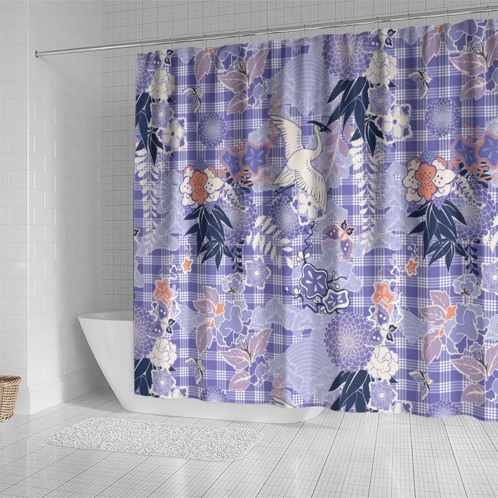 Purple Palaka Crane and Flowers Shower Curtain Japan Heritage Spirit - Polynesian Pride