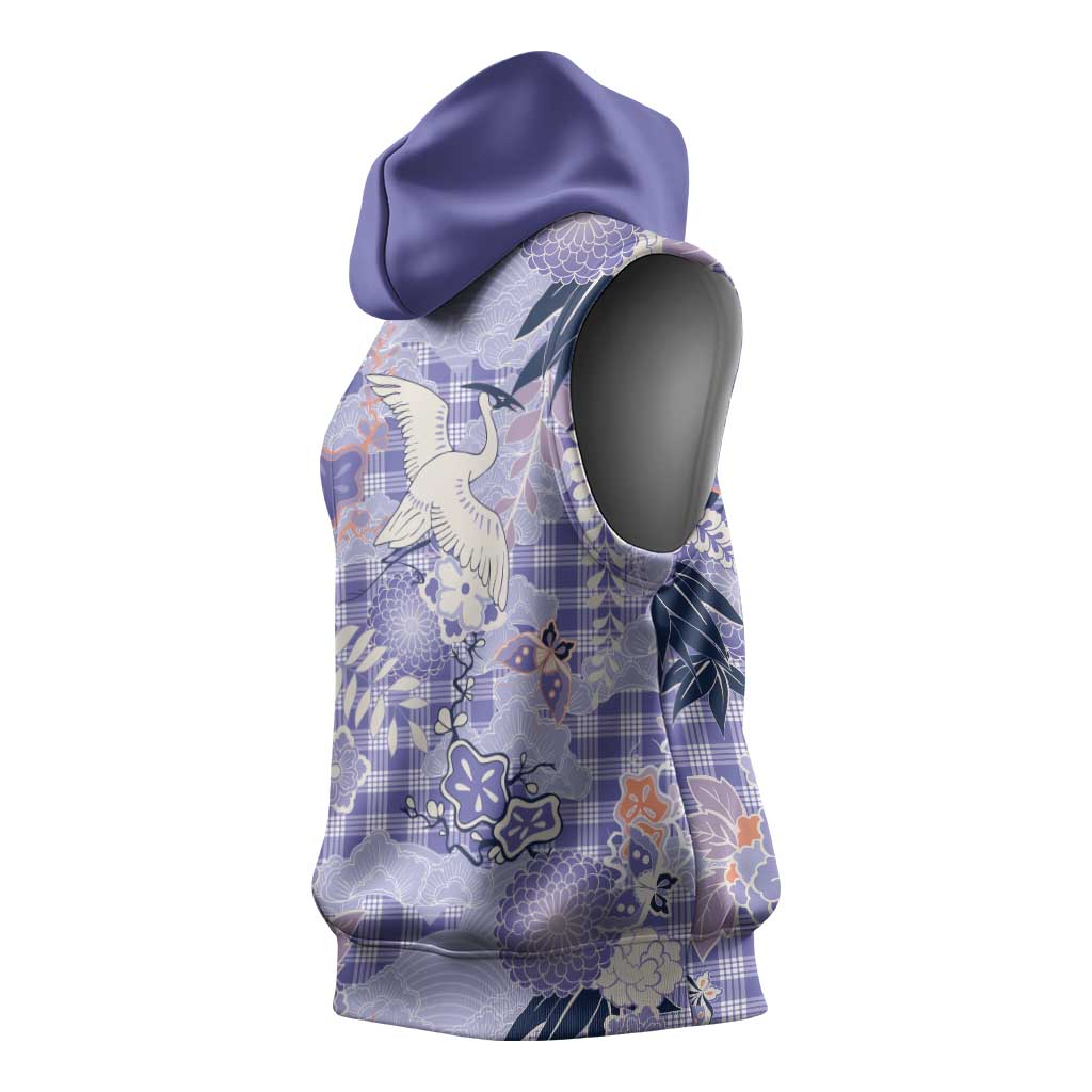 Purple Palaka Crane and Flowers Sleeveless Hoodie Japan Heritage Spirit - Polynesian Pride
