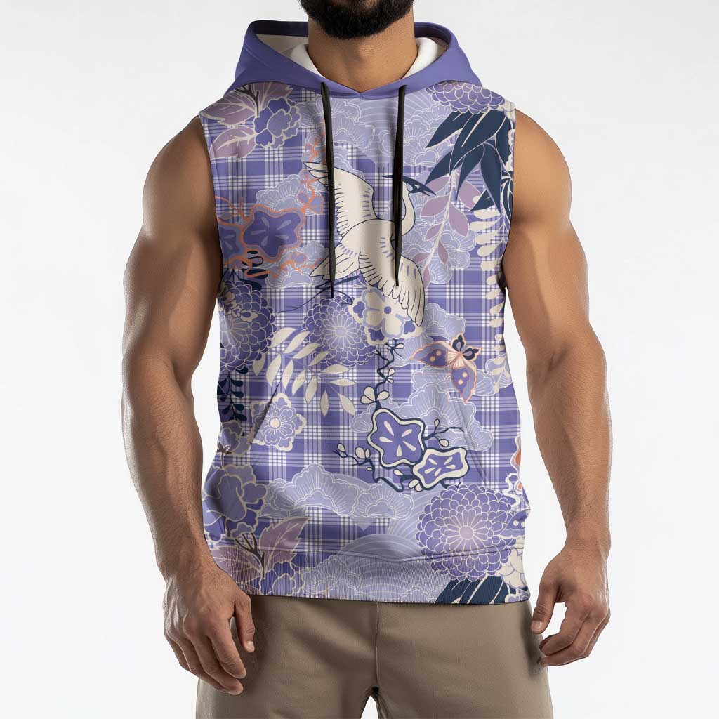 Purple Palaka Crane and Flowers Sleeveless Hoodie Japan Heritage Spirit - Polynesian Pride