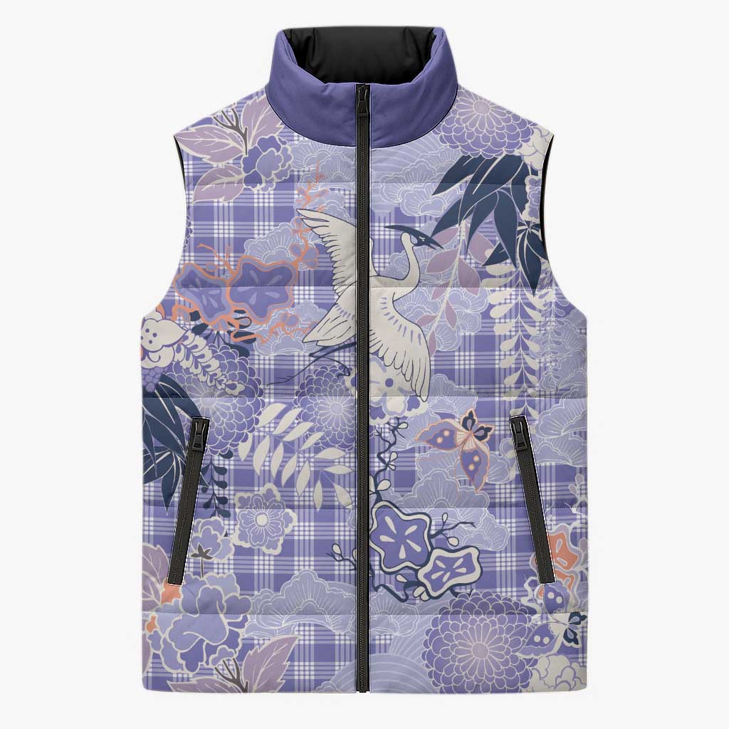 Purple Palaka Crane and Flowers Sleeveless Puffer Jacket Japan Heritage Spirit - Polynesian Pride
