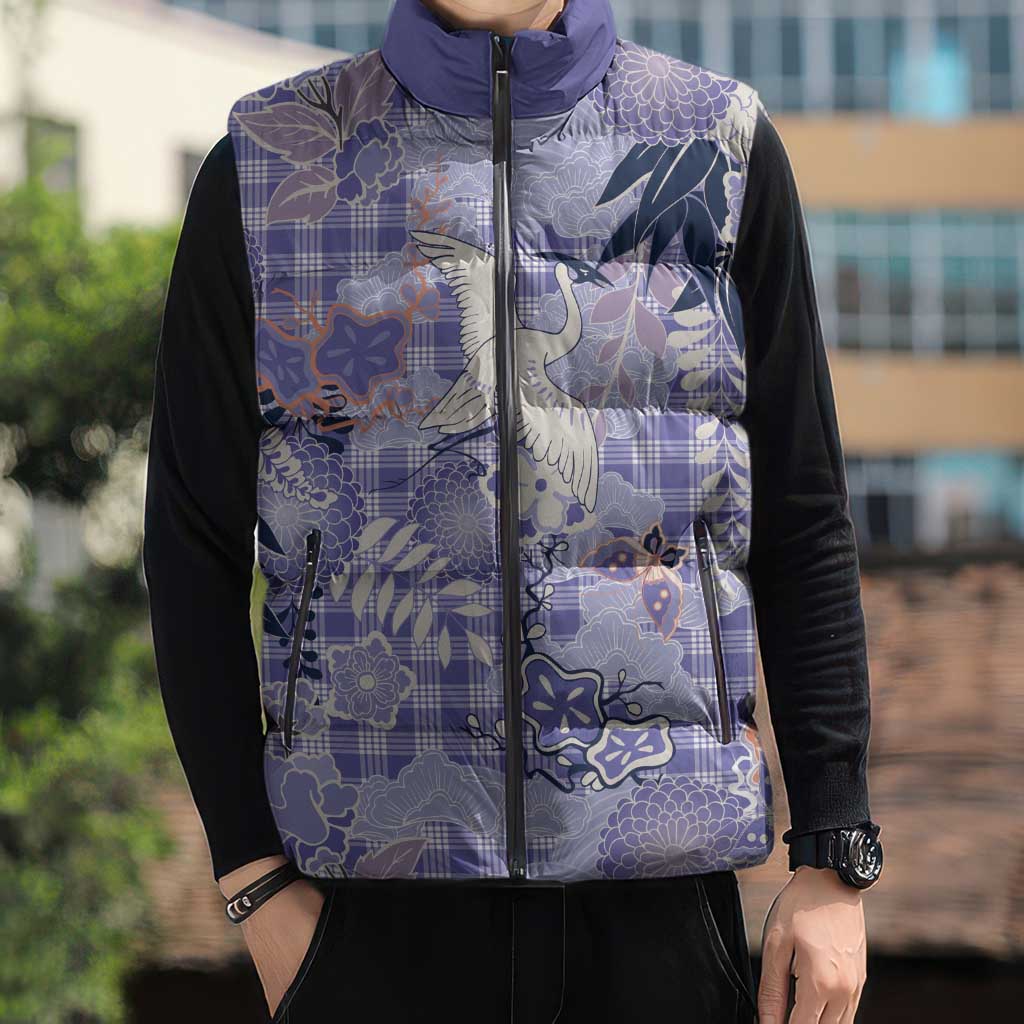 Purple Palaka Crane and Flowers Sleeveless Puffer Jacket Japan Heritage Spirit - Polynesian Pride