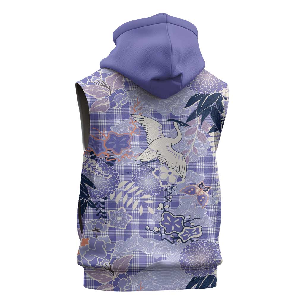 Purple Palaka Crane and Flowers Sleeveless Zip Hoodie Japan Heritage Spirit - Polynesian Pride