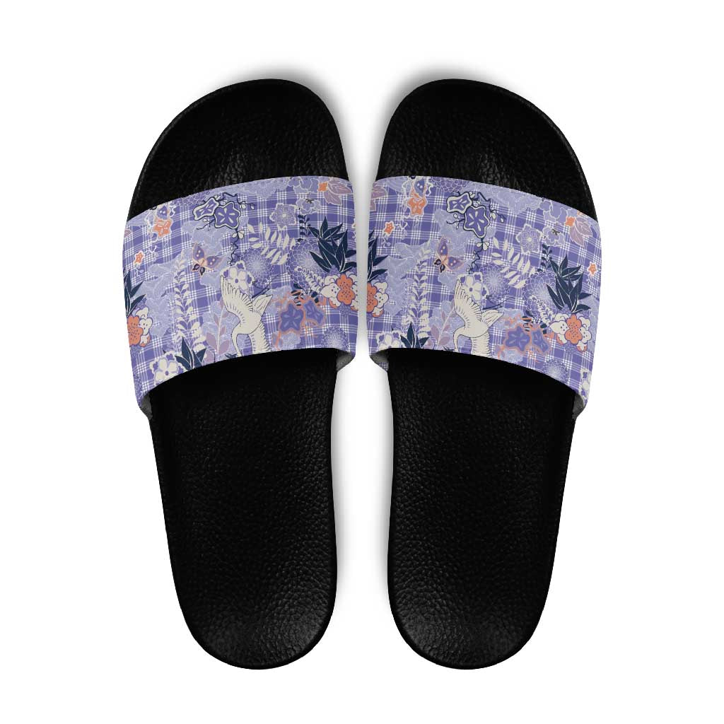 Purple Palaka Crane and Flowers Slide Sandals Japan Heritage Spirit - Polynesian Pride