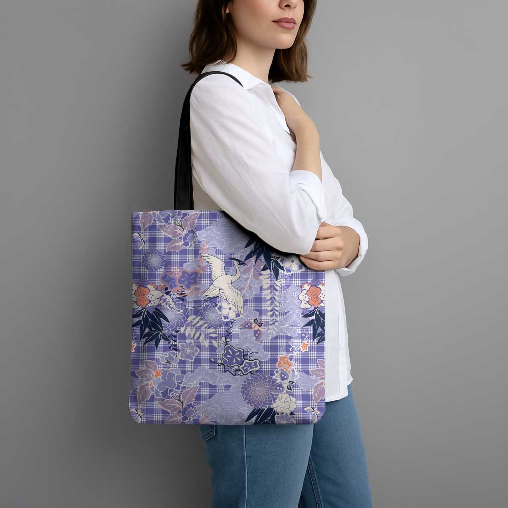 Purple Palaka Crane and Flowers Tote Bag Japan Heritage Spirit - Polynesian Pride