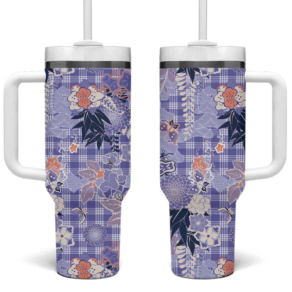 Purple Palaka Crane and Flowers Tumbler With Handle Japan Heritage Spirit - Polynesian Pride