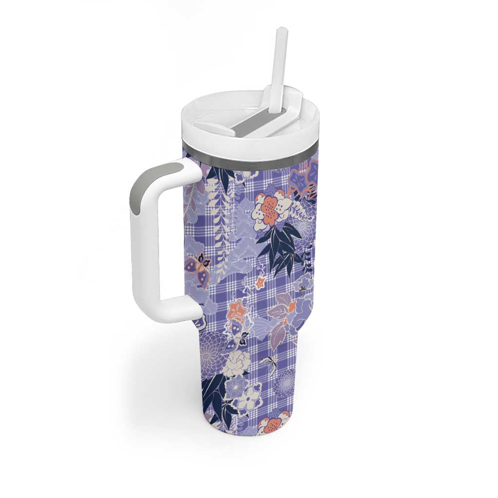 Purple Palaka Crane and Flowers Tumbler With Handle Japan Heritage Spirit - Polynesian Pride
