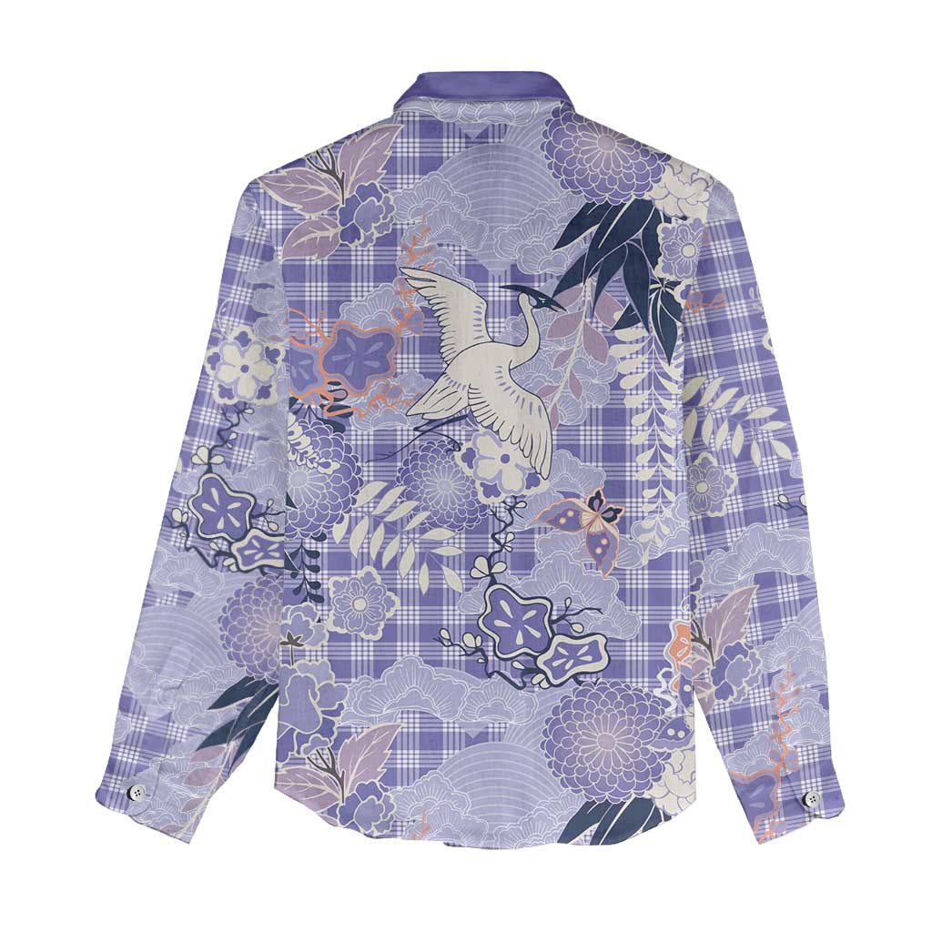 Purple Palaka Crane and Flowers Women Casual Shirt Japan Heritage Spirit - Polynesian Pride