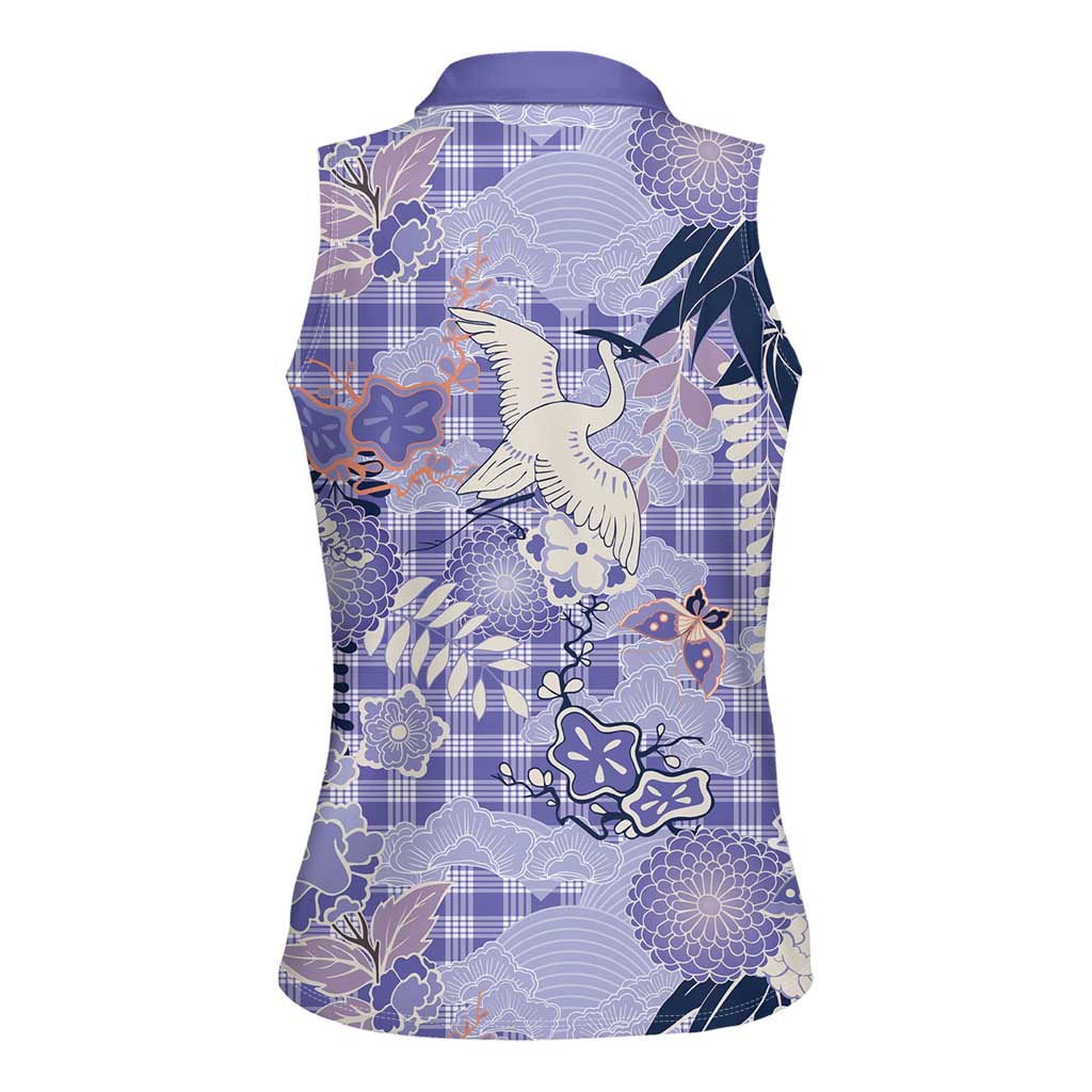 Purple Palaka Crane and Flowers Women Sleeveless Polo Shirt Japan Heritage Spirit - Polynesian Pride