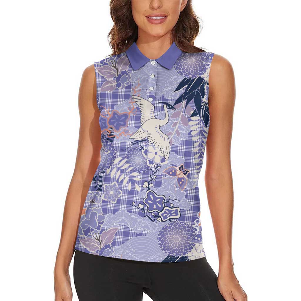 Purple Palaka Crane and Flowers Women Sleeveless Polo Shirt Japan Heritage Spirit - Polynesian Pride