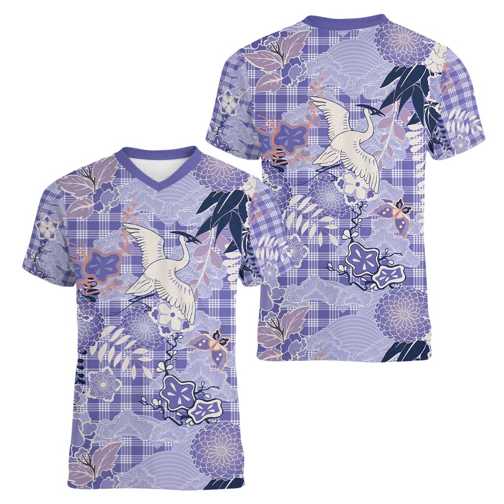 Purple Palaka Crane and Flowers Women V-Neck T-Shirt Japan Heritage Spirit - Polynesian Pride