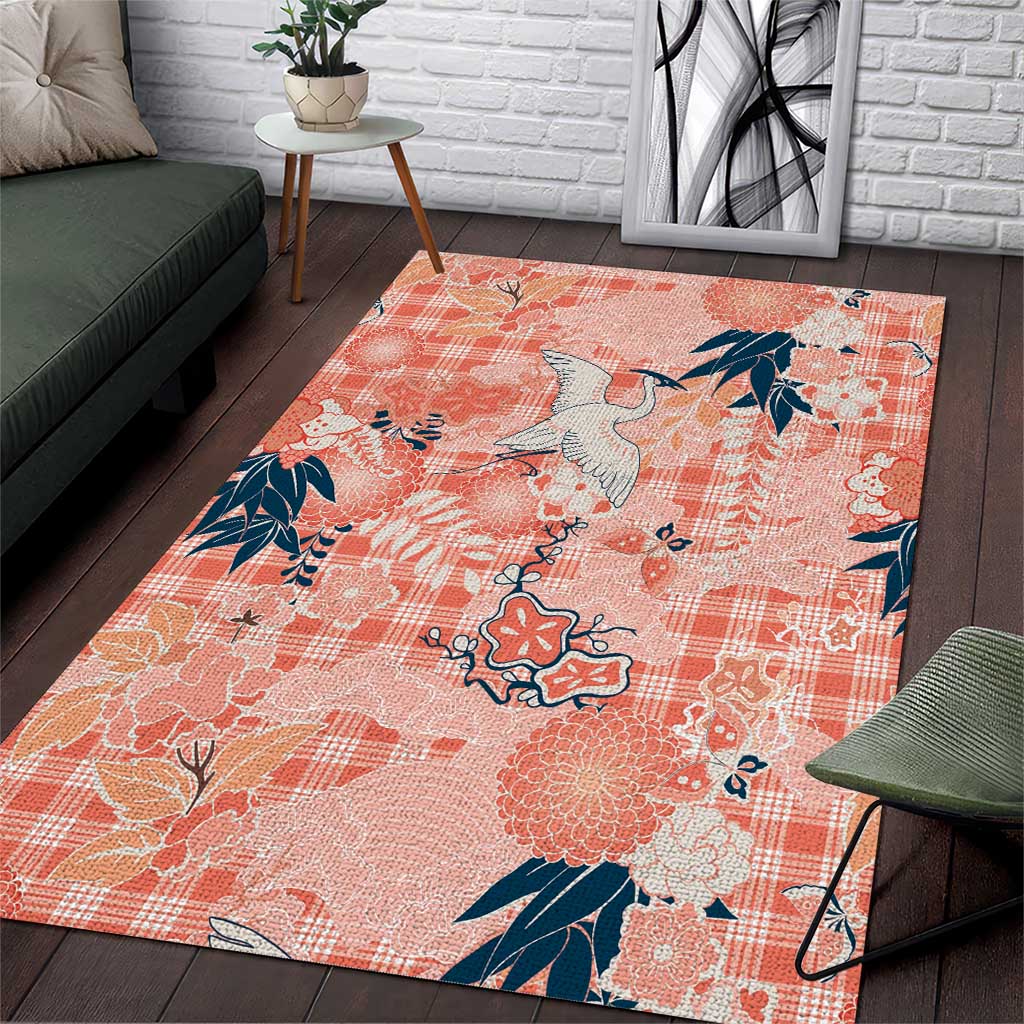 Red Palaka Crane and Flowers Area Rug Japan Heritage Spirit - Polynesian Pride