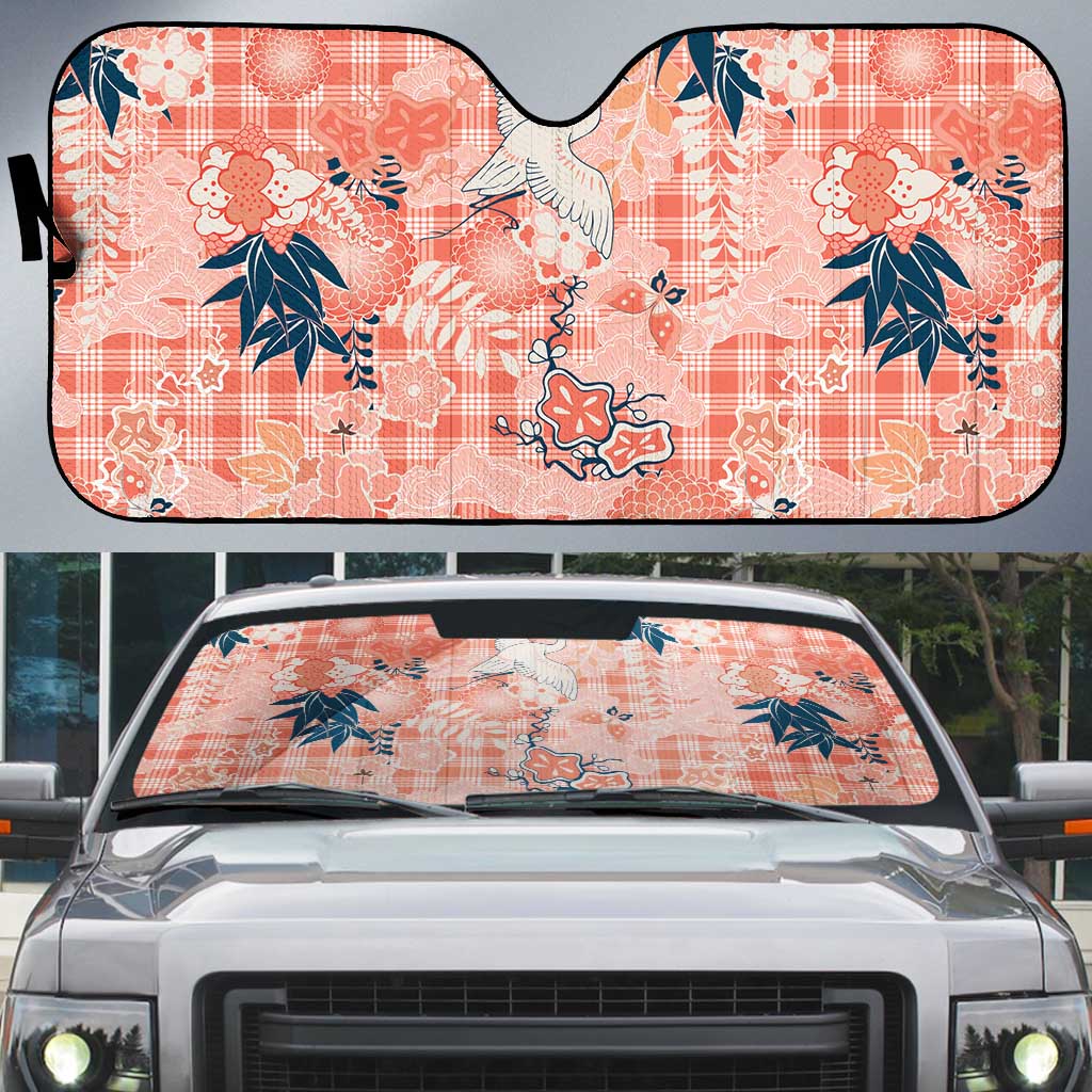 Red Palaka Crane and Flowers Auto Sun Shade Japan Heritage Spirit - Polynesian Pride