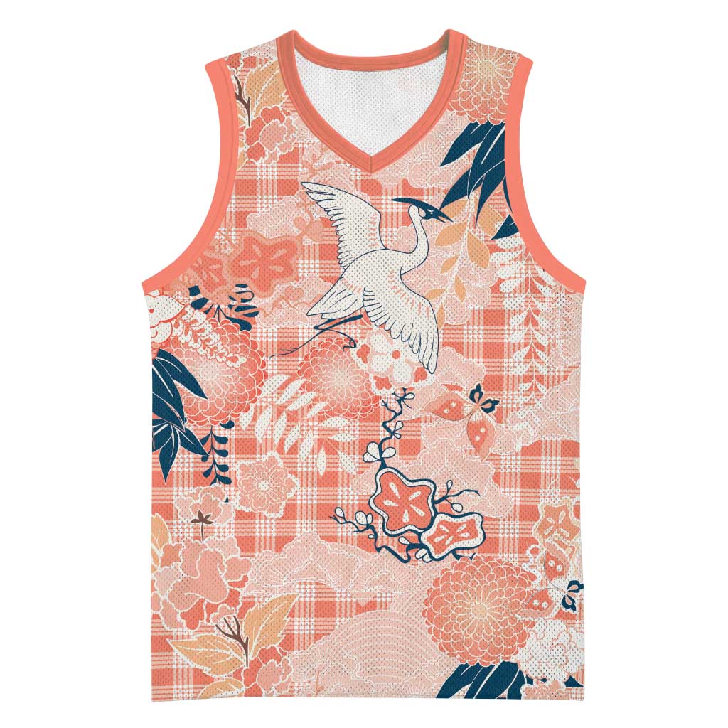 Red Palaka Crane and Flowers Basketball Jersey Japan Heritage Spirit - Polynesian Pride