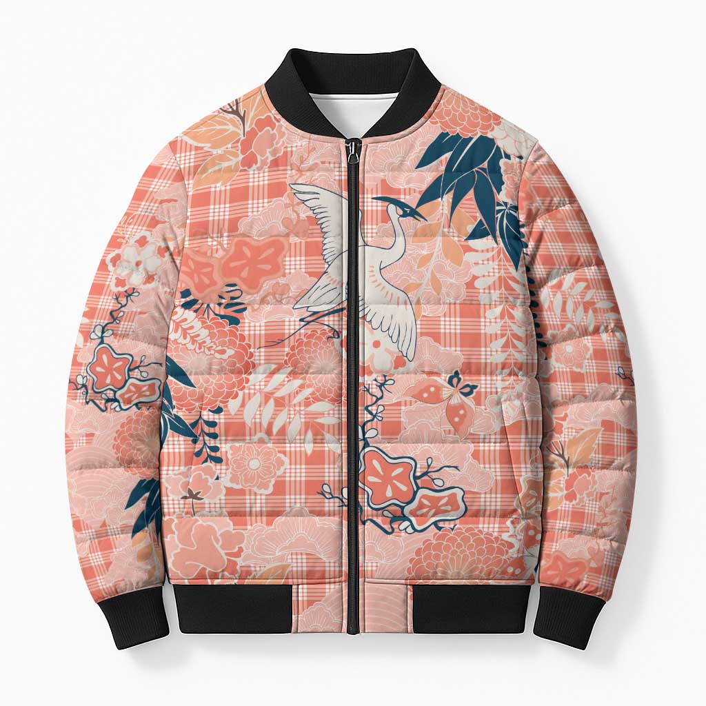 Red Palaka Crane and Flowers Bomber Puffer Jacket Japan Heritage Spirit - Polynesian Pride