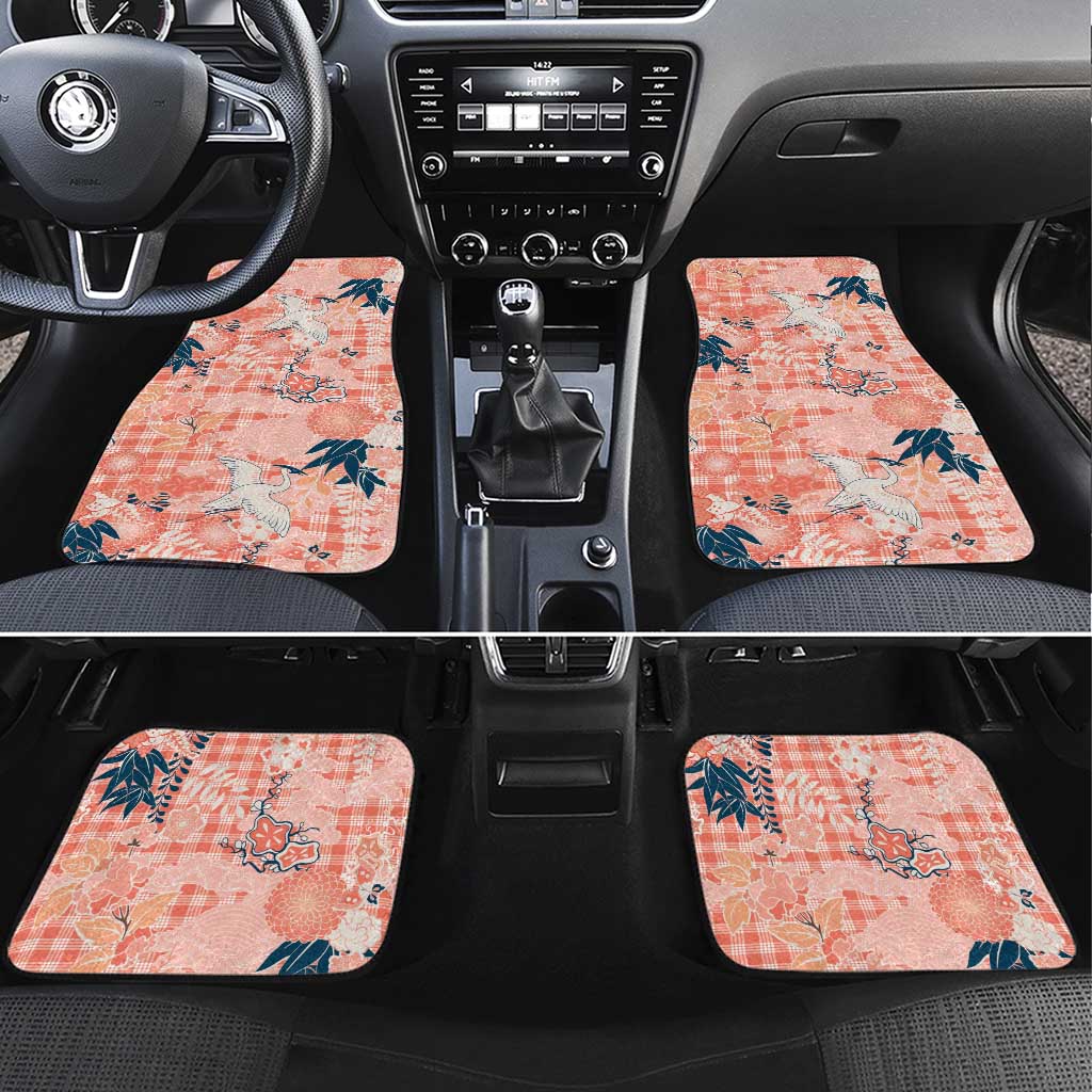 Red Palaka Crane and Flowers Car Mats Japan Heritage Spirit - Polynesian Pride