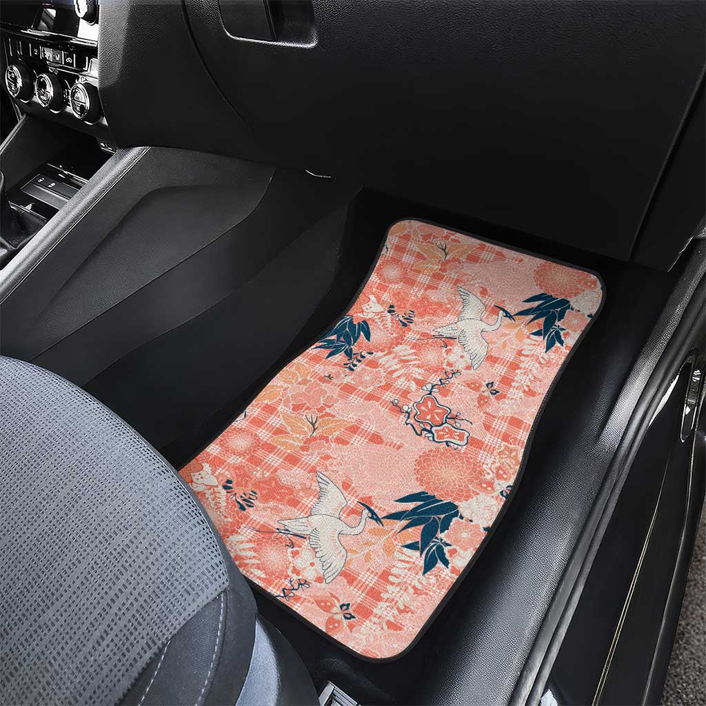 Red Palaka Crane and Flowers Car Mats Japan Heritage Spirit - Polynesian Pride