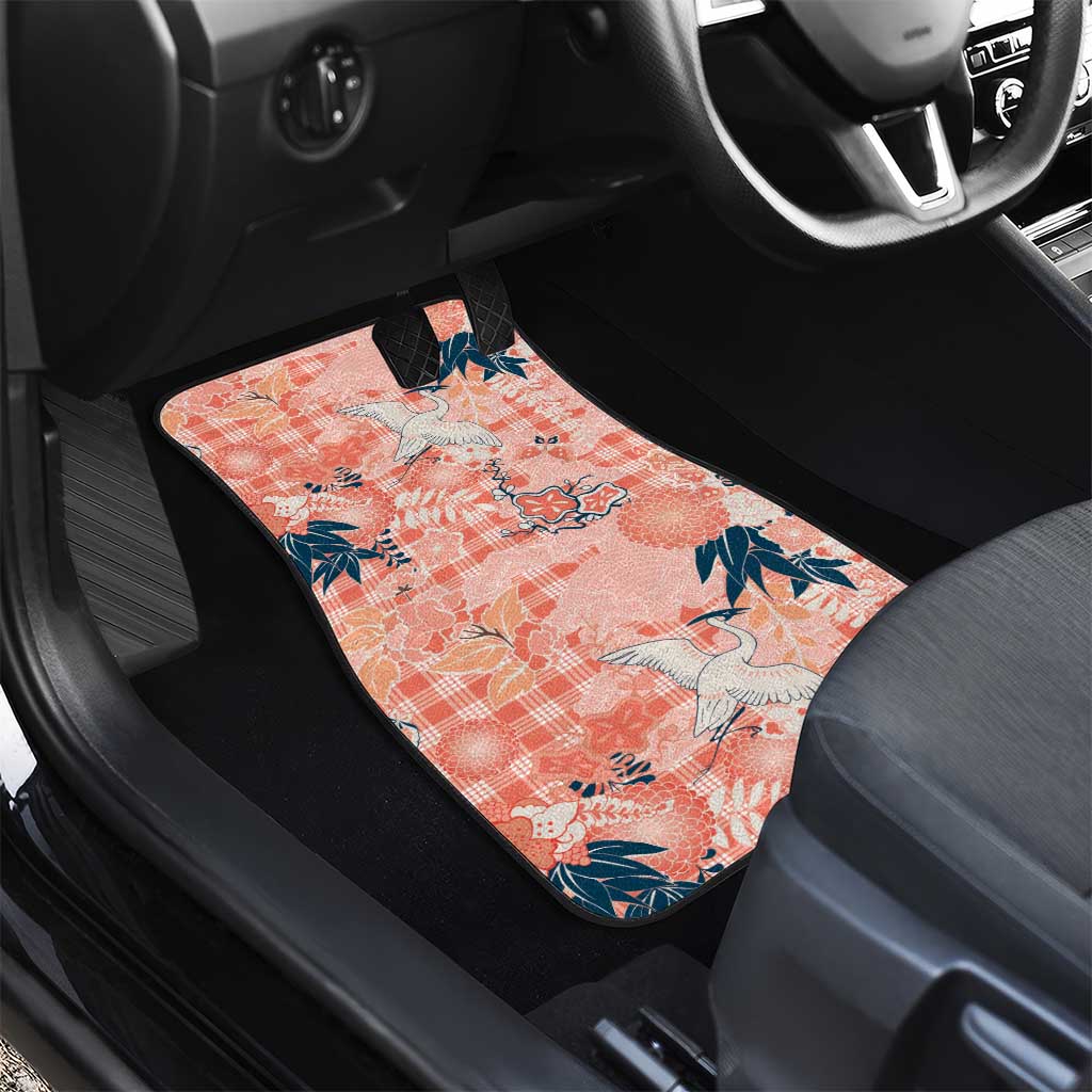 Red Palaka Crane and Flowers Car Mats Japan Heritage Spirit - Polynesian Pride