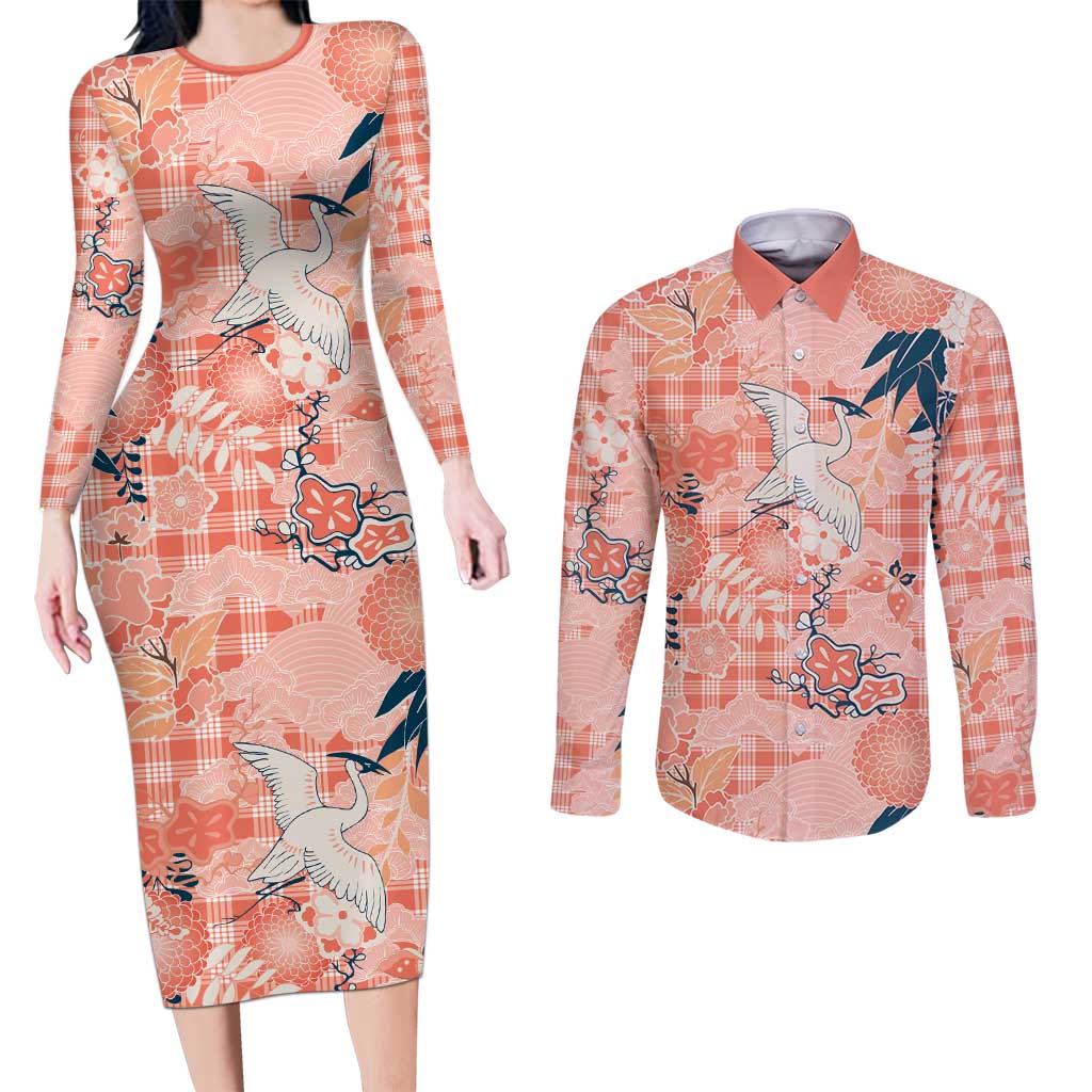 Red Palaka Crane and Flowers Couples Matching Long Sleeve Bodycon Dress and Long Sleeve Button Shirt Japan Heritage Spirit - Polynesian Pride