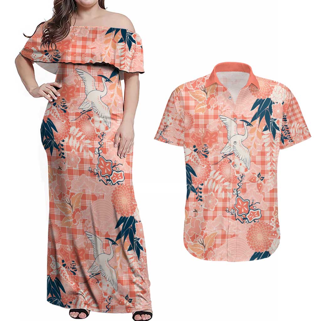 Red Palaka Crane and Flowers Couples Matching Off Shoulder Maxi Dress and Hawaiian Shirt Japan Heritage Spirit - Polynesian Pride