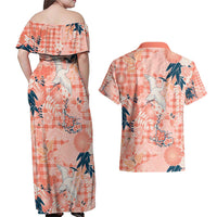 Red Palaka Crane and Flowers Couples Matching Off Shoulder Maxi Dress and Hawaiian Shirt Japan Heritage Spirit - Polynesian Pride