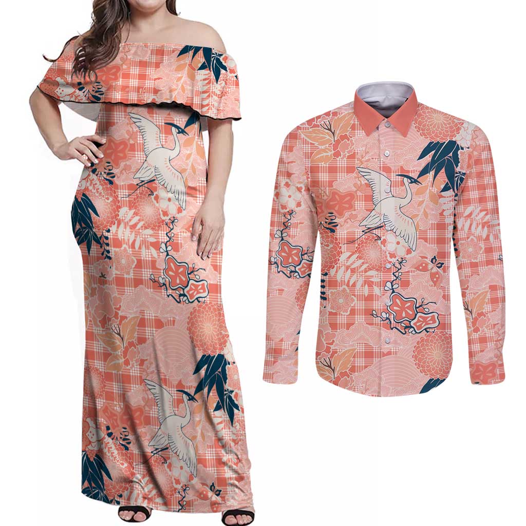 Red Palaka Crane and Flowers Couples Matching Off Shoulder Maxi Dress and Long Sleeve Button Shirt Japan Heritage Spirit - Polynesian Pride