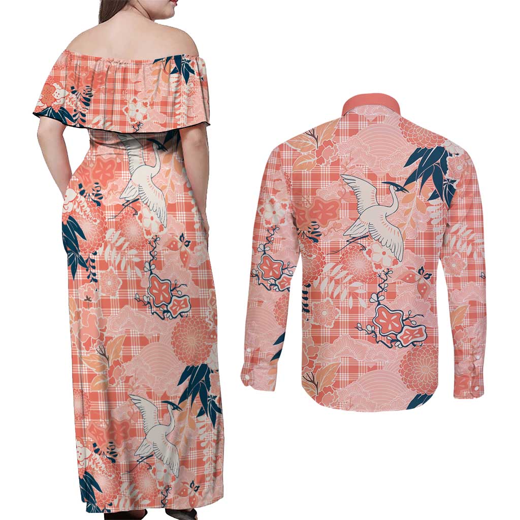 Red Palaka Crane and Flowers Couples Matching Off Shoulder Maxi Dress and Long Sleeve Button Shirt Japan Heritage Spirit - Polynesian Pride