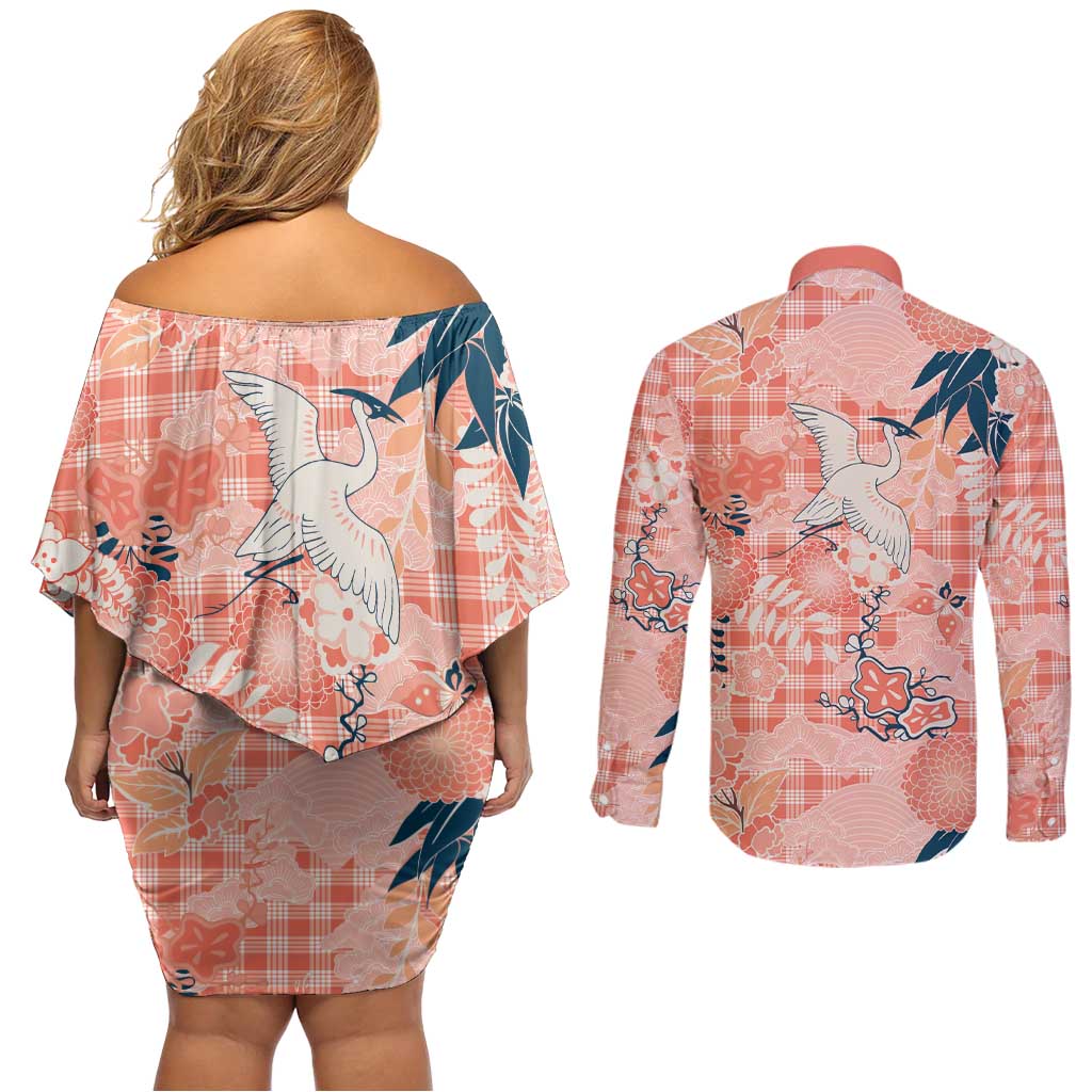 Red Palaka Crane and Flowers Couples Matching Off Shoulder Short Dress and Long Sleeve Button Shirt Japan Heritage Spirit - Polynesian Pride