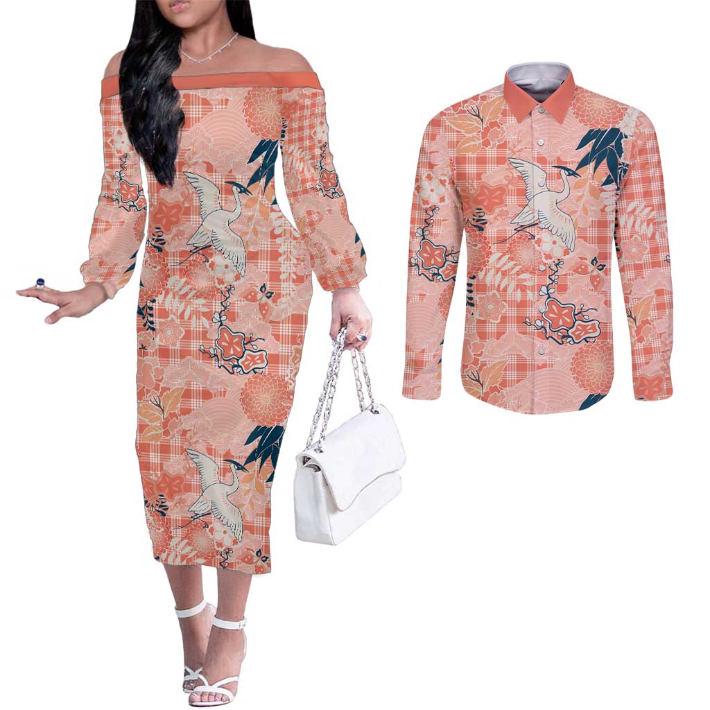 Red Palaka Crane and Flowers Couples Matching Off The Shoulder Long Sleeve Dress and Long Sleeve Button Shirt Japan Heritage Spirit - Polynesian Pride