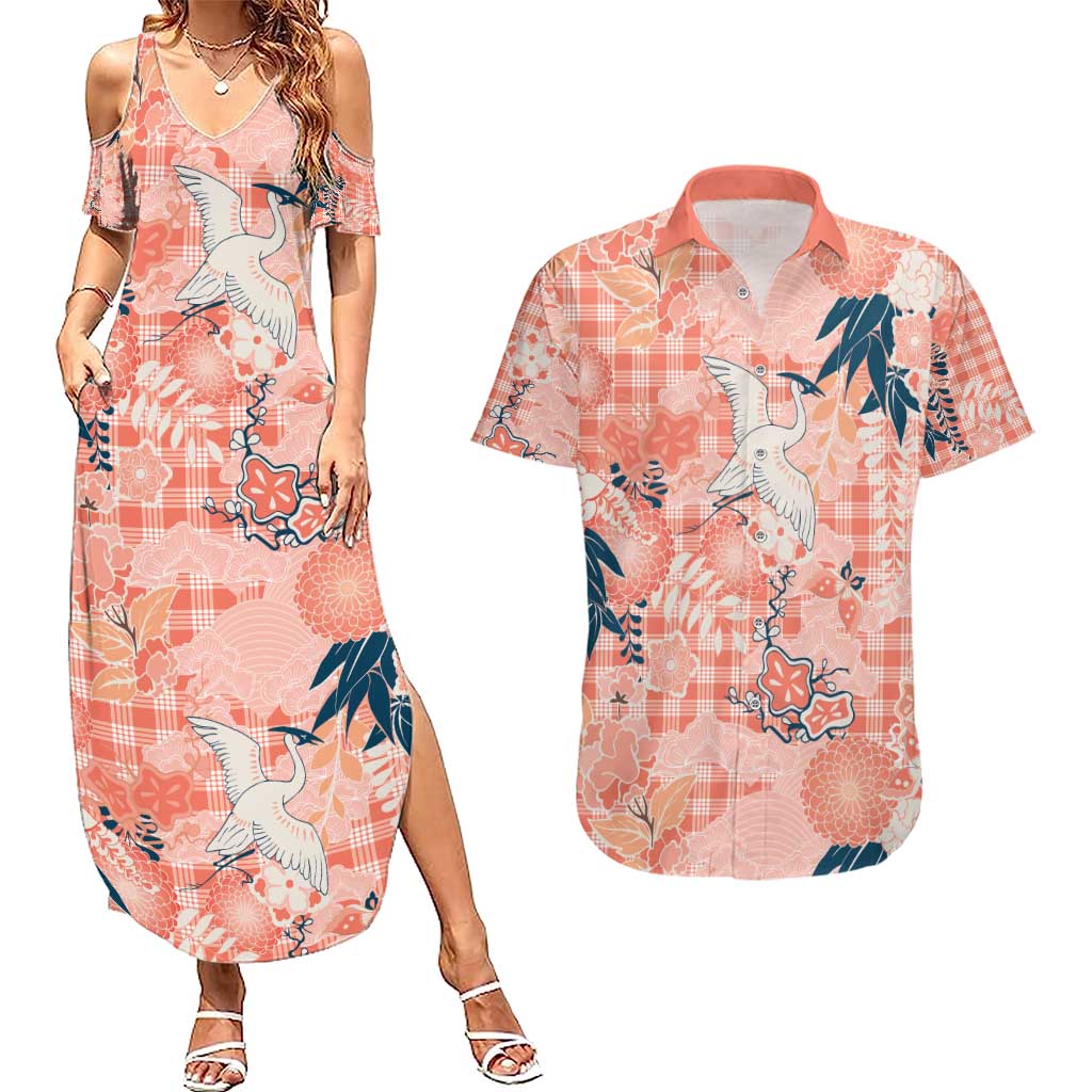 Red Palaka Crane and Flowers Couples Matching Summer Maxi Dress and Hawaiian Shirt Japan Heritage Spirit - Polynesian Pride