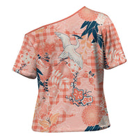 Red Palaka Crane and Flowers Cross Shoulder Shirt Japan Heritage Spirit - Polynesian Pride