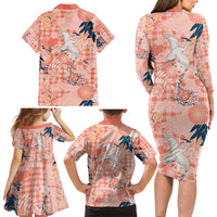 Red Palaka Crane and Flowers Family Matching Long Sleeve Bodycon Dress and Hawaiian Shirt Japan Heritage Spirit - Polynesian Pride