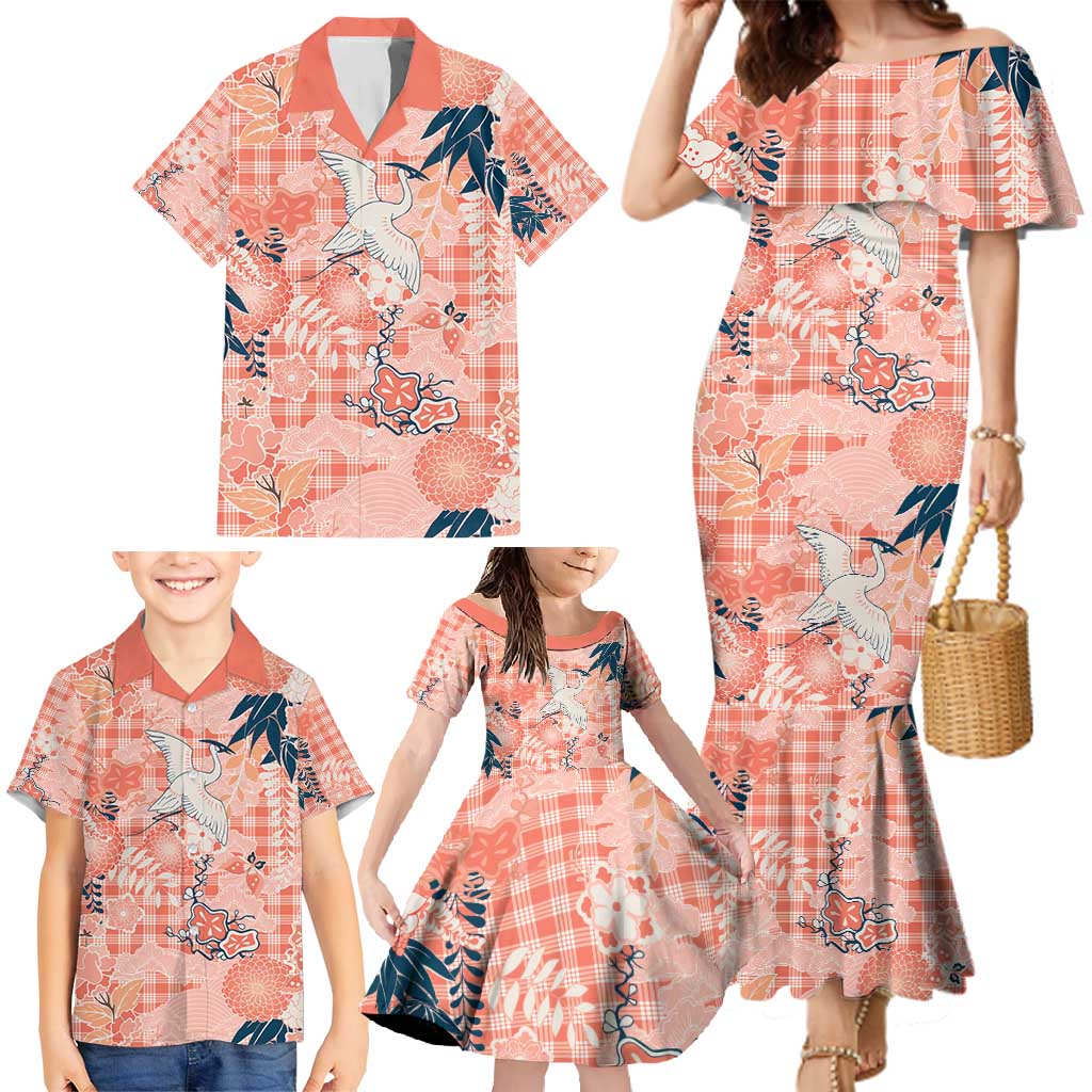 Red Palaka Crane and Flowers Family Matching Mermaid Dress and Hawaiian Shirt Japan Heritage Spirit - Polynesian Pride