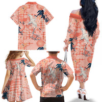 Red Palaka Crane and Flowers Family Matching Off The Shoulder Long Sleeve Dress and Hawaiian Shirt Japan Heritage Spirit - Polynesian Pride