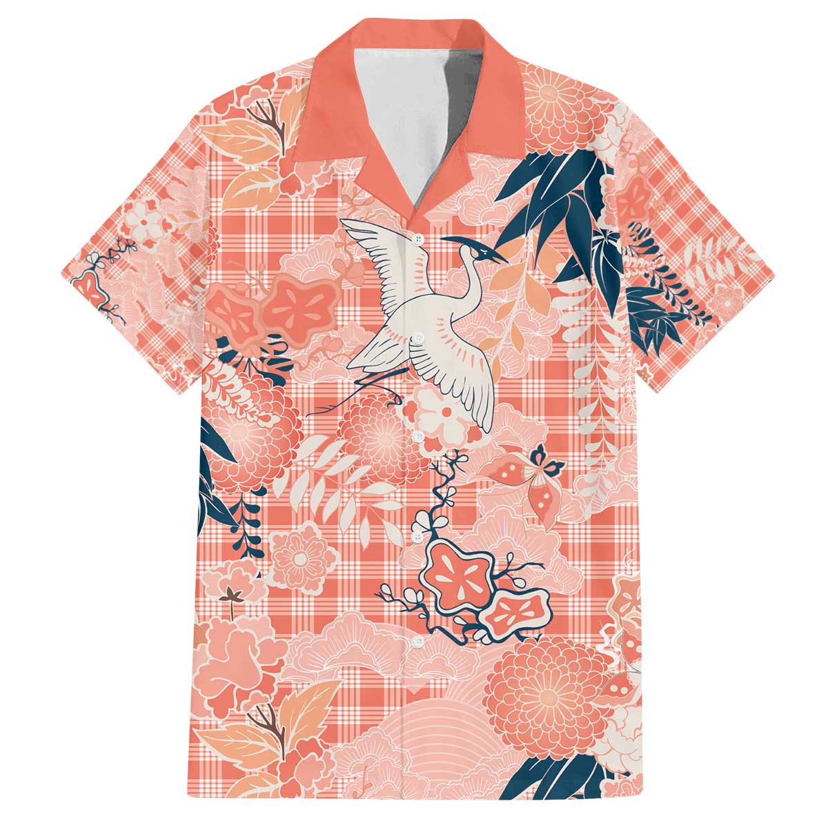 Red Palaka Crane and Flowers Family Matching Off The Shoulder Long Sleeve Dress and Hawaiian Shirt Japan Heritage Spirit - Polynesian Pride