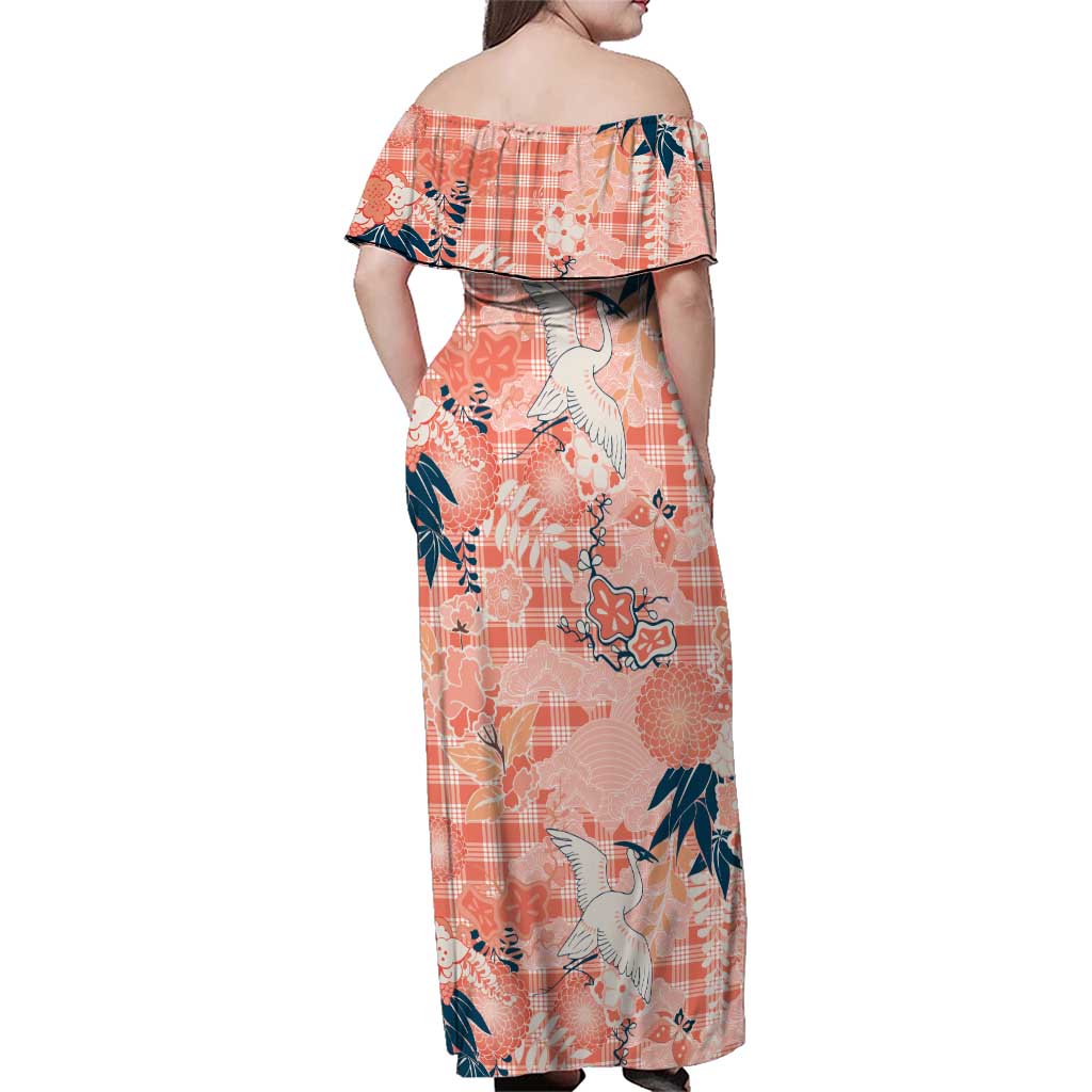 Red Palaka Crane and Flowers Family Matching Off Shoulder Maxi Dress and Hawaiian Shirt Japan Heritage Spirit - Polynesian Pride