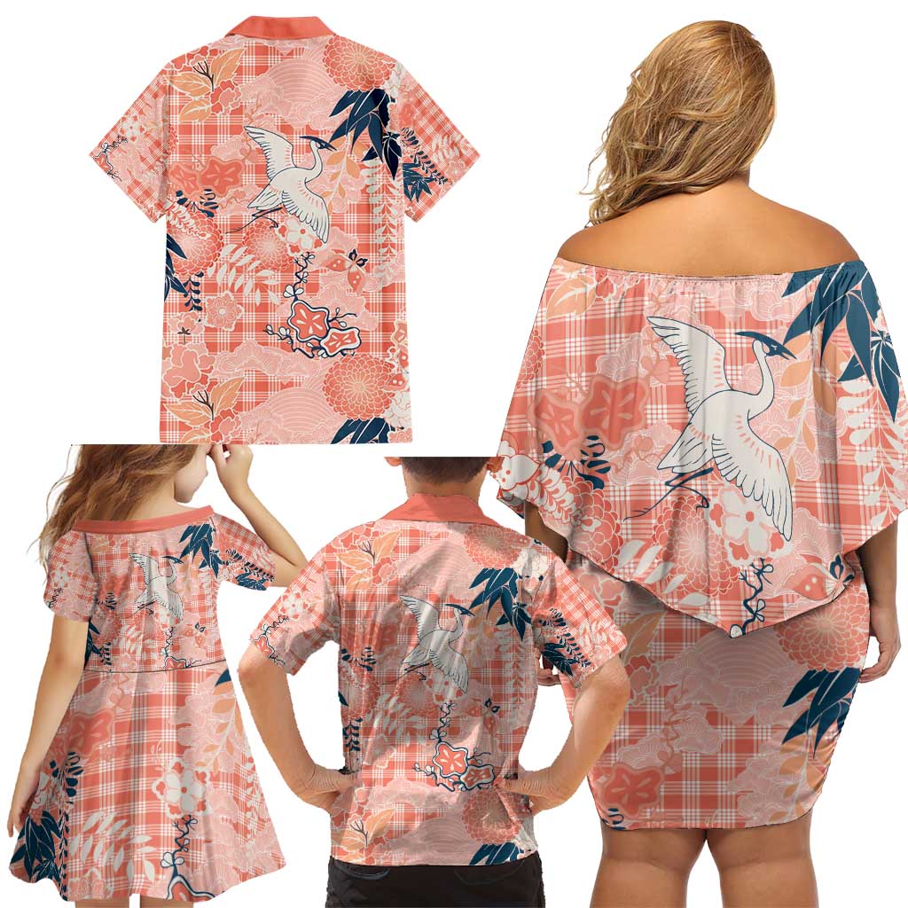 Red Palaka Crane and Flowers Family Matching Off Shoulder Short Dress and Hawaiian Shirt Japan Heritage Spirit - Polynesian Pride