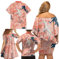 Red Palaka Crane and Flowers Family Matching Off Shoulder Short Dress and Hawaiian Shirt Japan Heritage Spirit - Polynesian Pride