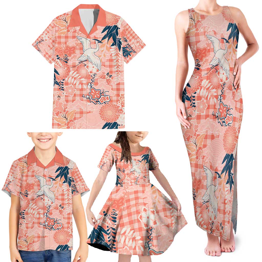 Red Palaka Crane and Flowers Family Matching Tank Maxi Dress and Hawaiian Shirt Japan Heritage Spirit - Polynesian Pride