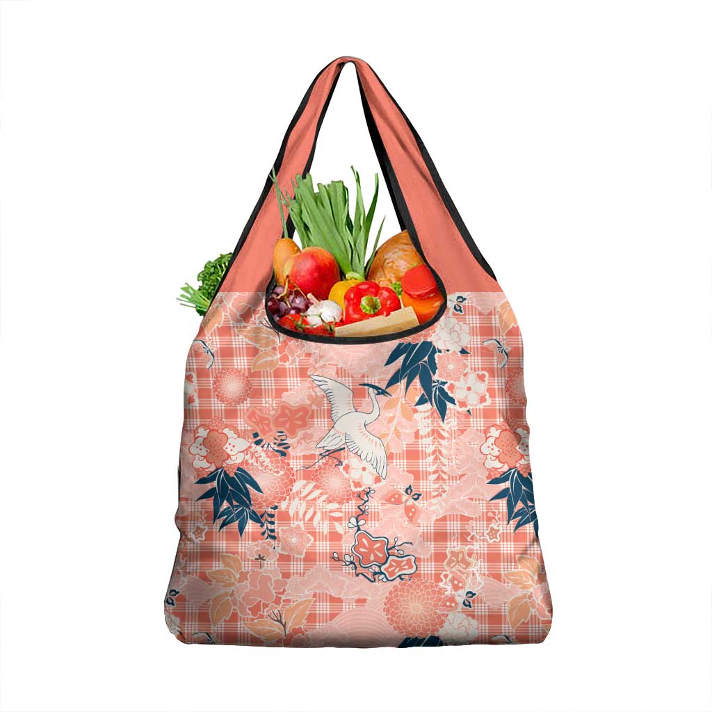 Red Palaka Crane and Flowers Grocery Bag Japan Heritage Spirit - Polynesian Pride