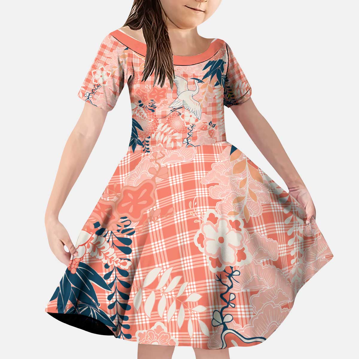 Red Palaka Crane and Flowers Kid Short Sleeve Dress Japan Heritage Spirit - Polynesian Pride
