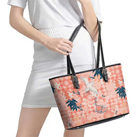 Red Palaka Crane and Flowers Leather Tote Bag Japan Heritage Spirit - Polynesian Pride