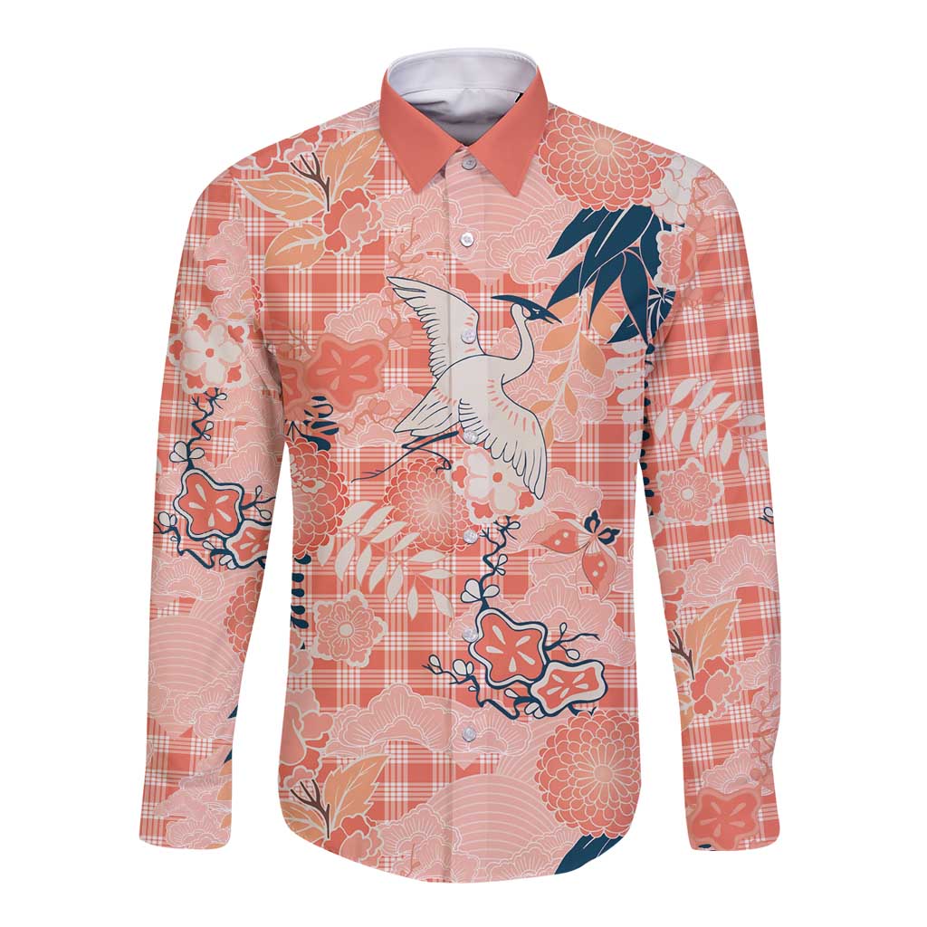 Red Palaka Crane and Flowers Long Sleeve Button Shirt Japan Heritage Spirit - Polynesian Pride