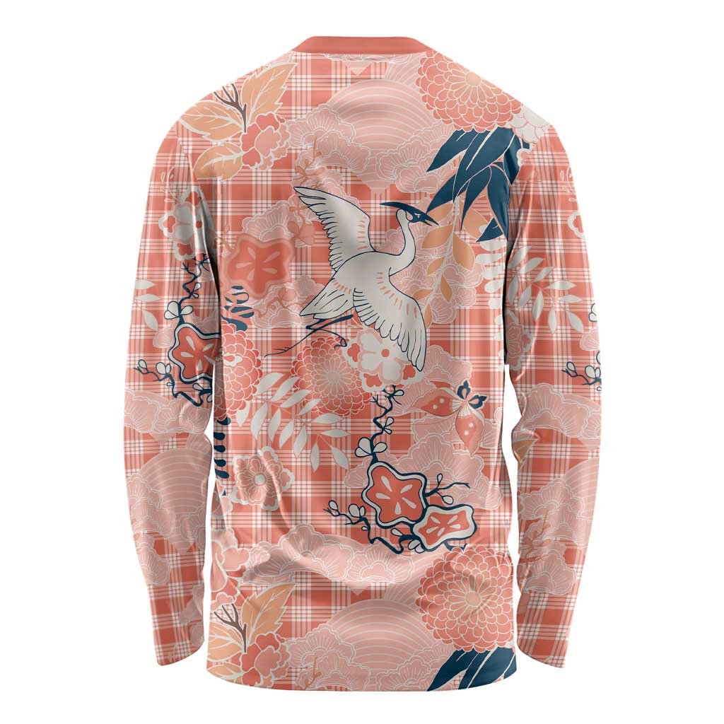 Red Palaka Crane and Flowers Long Sleeve Shirt Japan Heritage Spirit - Polynesian Pride