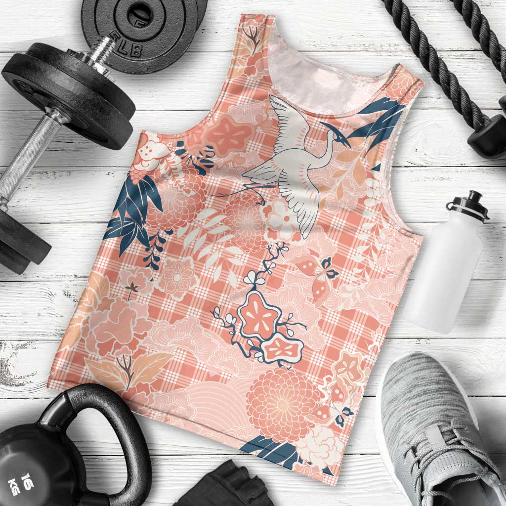 Red Palaka Crane and Flowers Men Tank Top Japan Heritage Spirit - Polynesian Pride