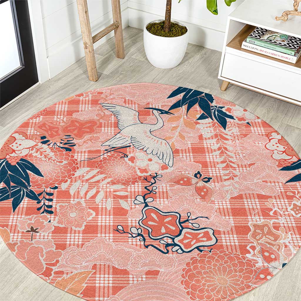 Red Palaka Crane and Flowers Round Carpet Japan Heritage Spirit - Polynesian Pride